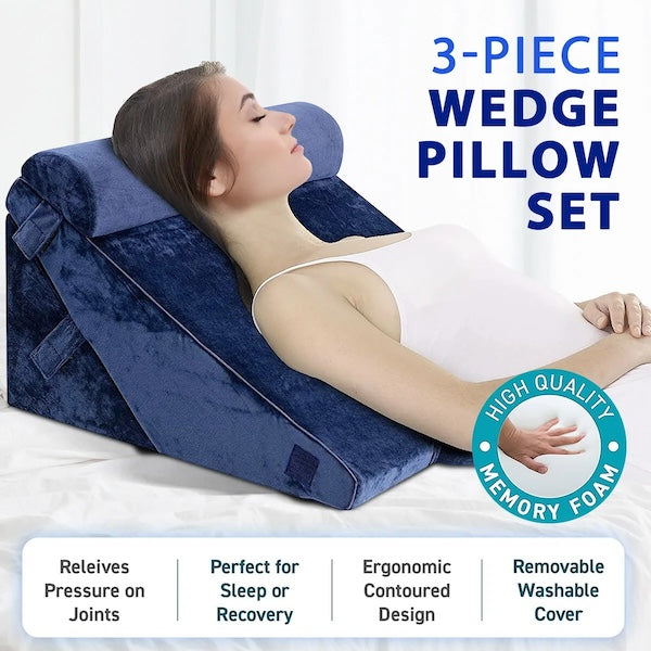 3pcs Foldable Bed Wedge Pillow Set with Neck Support (Navy)