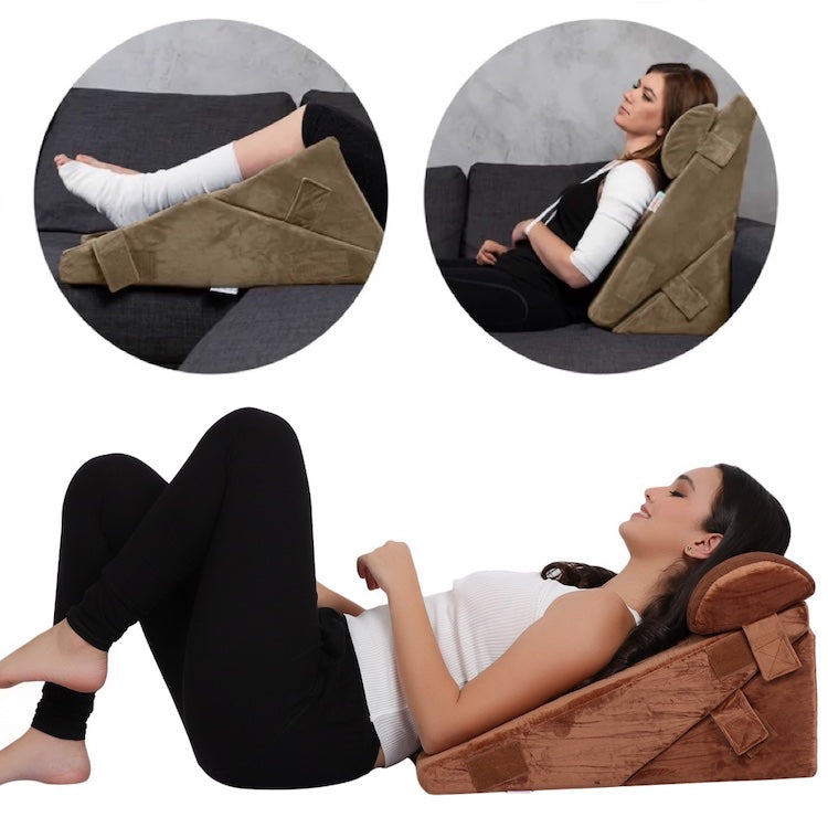 3pcs Orthopedic Bed Wedge Cushion Pillow Set with Neck Support, Brown